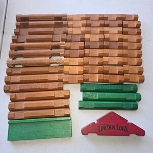 Lincoln‎ Logs Vintage Real Wood Building Set 53 Piece Lot Brown Green Red Gable